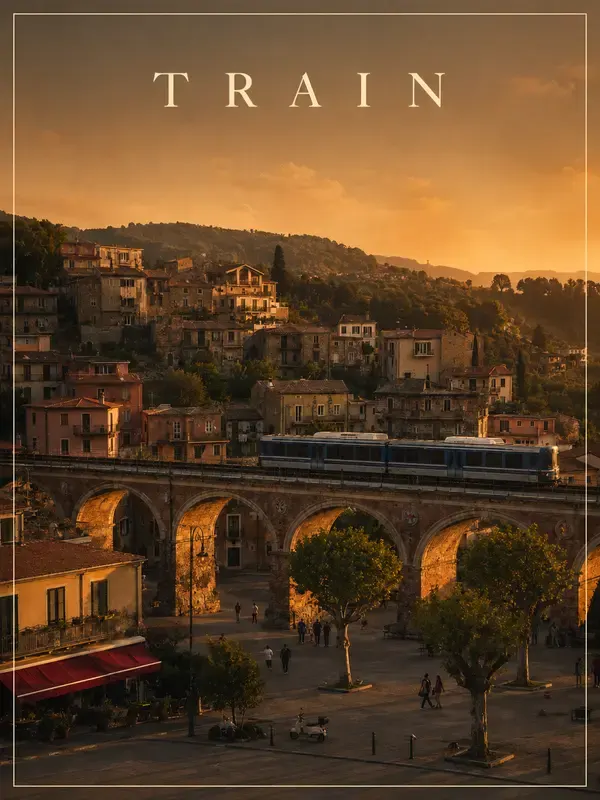 Train on a stone viaduct in the Gilded Vista style