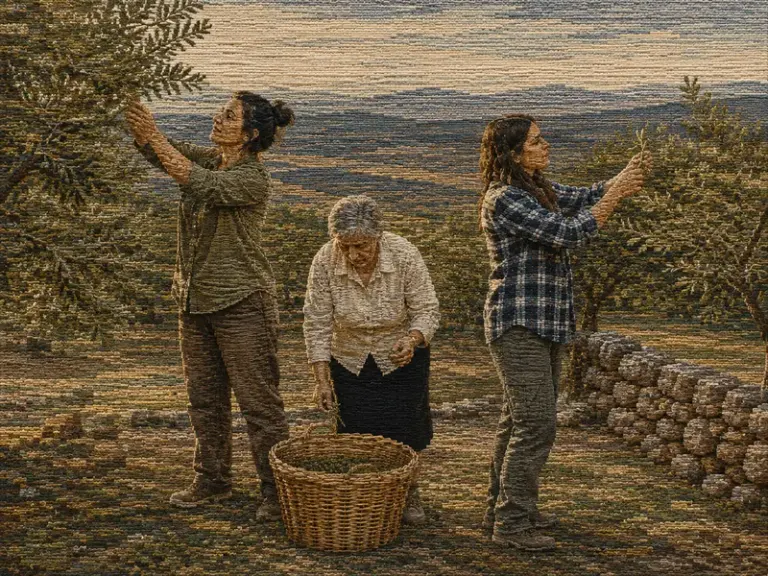 Three generations harvesting olives in the Warp Memory style