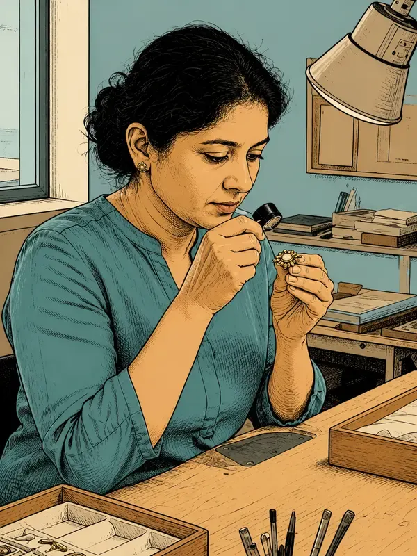 Jewelry conservator examining a brooch in the Etched Cel style