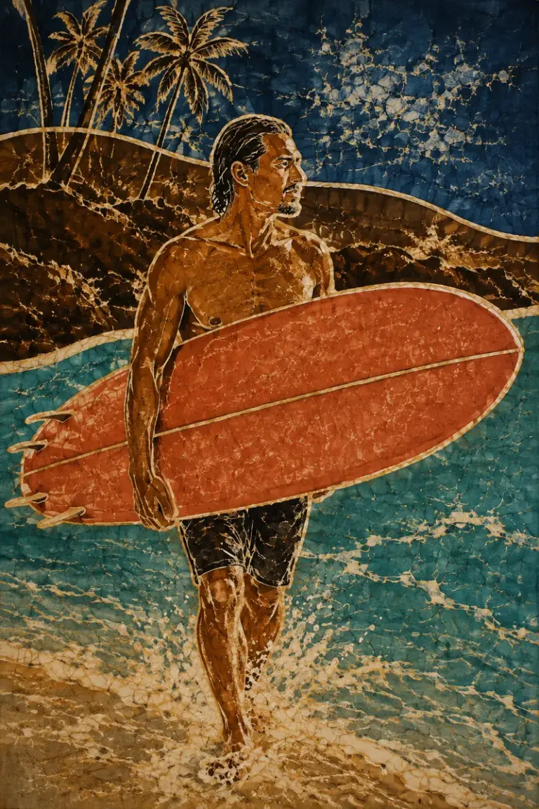 Surfer carrying a board through tropical shallows in the Batik Tides style