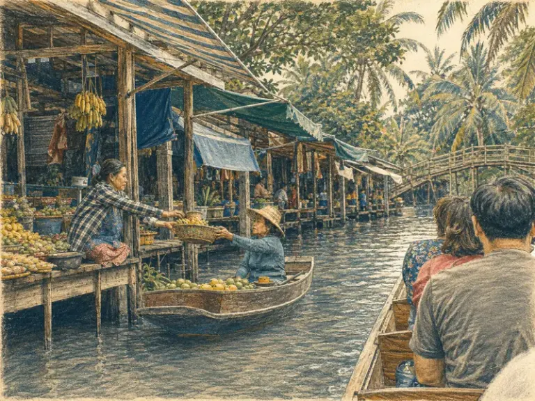 Boat passing a tropical river market in the Sunwashed Stone style