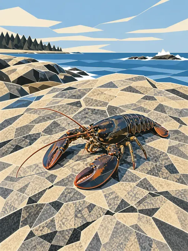 Lobster on a wet stone in the Cutline Facets style
