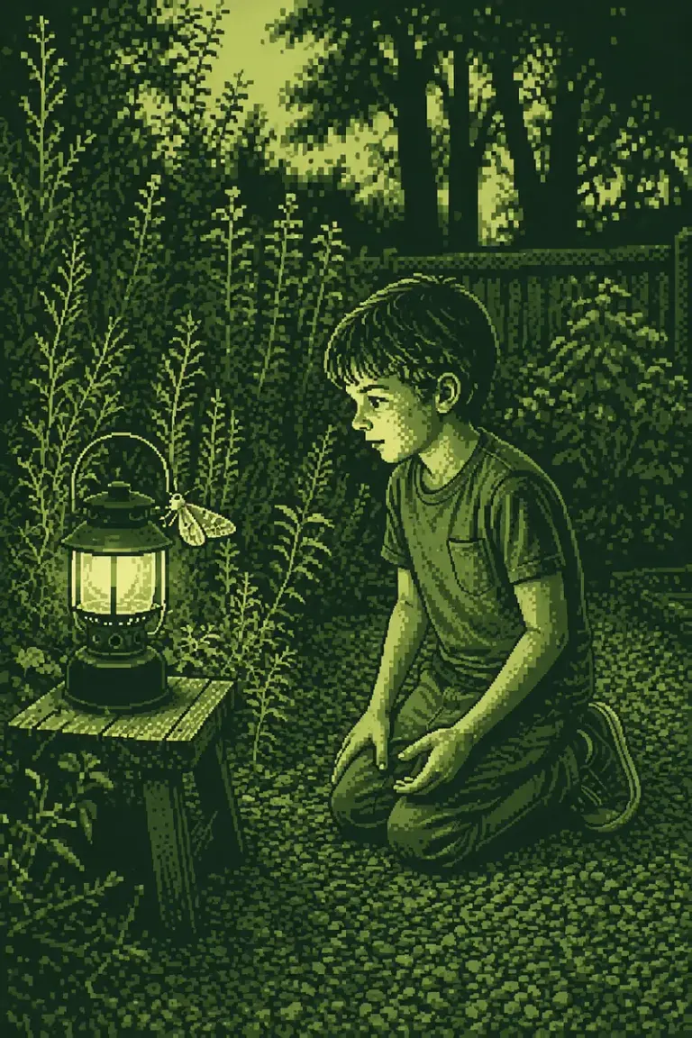 Child examining a moth beside a garden lantern in the Pocket Dither style