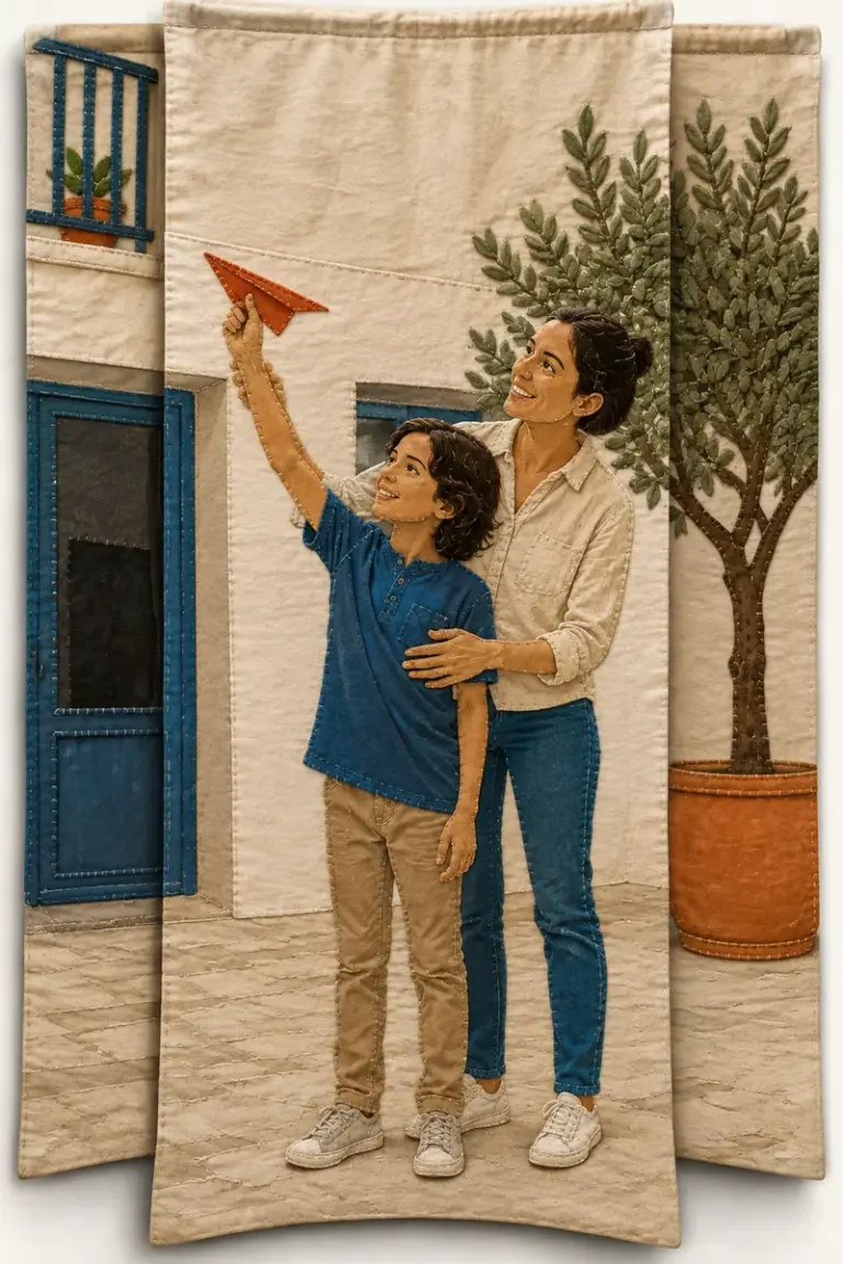 Mother and child launching a paper plane in the Khayamiya Fold style