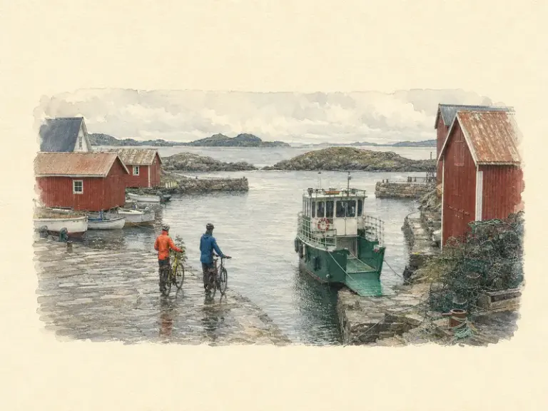 Cyclists beside a Nordic fishing harbor in the Quiet Horizon style