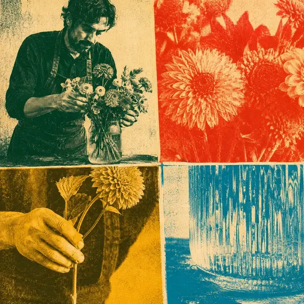 Florist arranging a bouquet in the Four Color Noise style