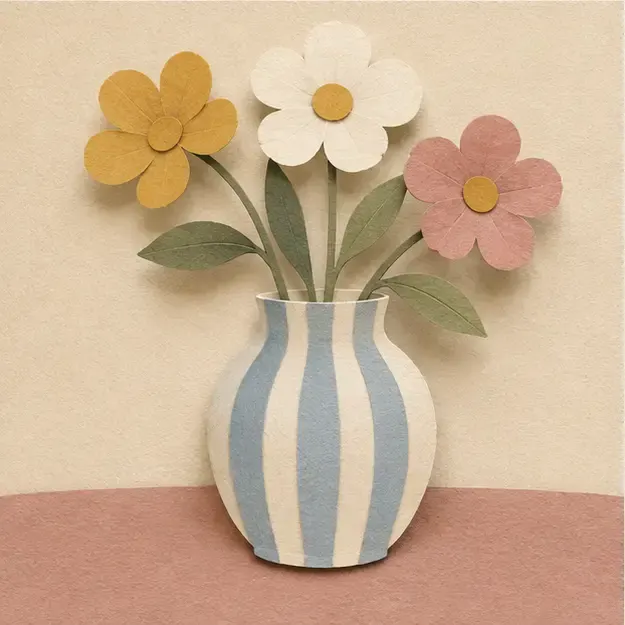 Striped vase and flowers in the Paper Garden style