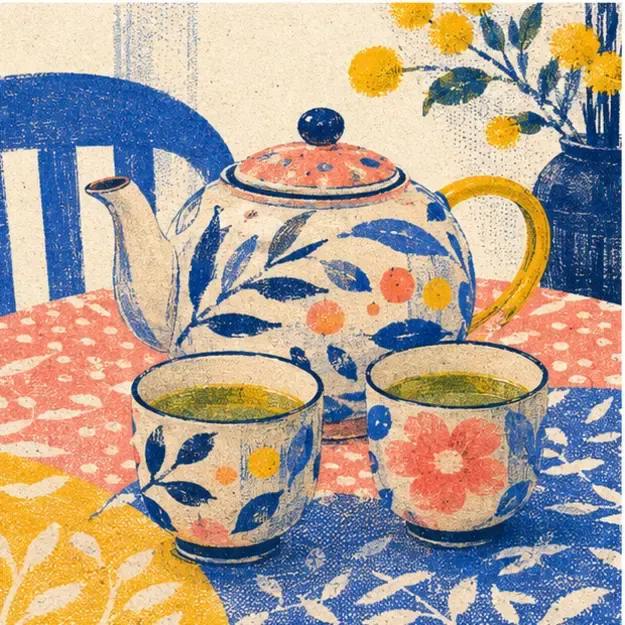 Teapot and cups in the Riso Day style