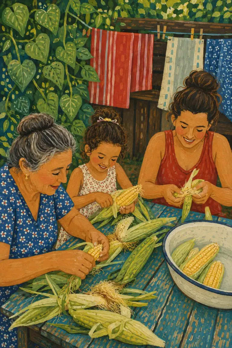 Three generations shucking corn together in the Folk Parade style