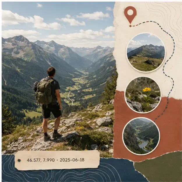 Hiker above a valley in the Travel Pins style