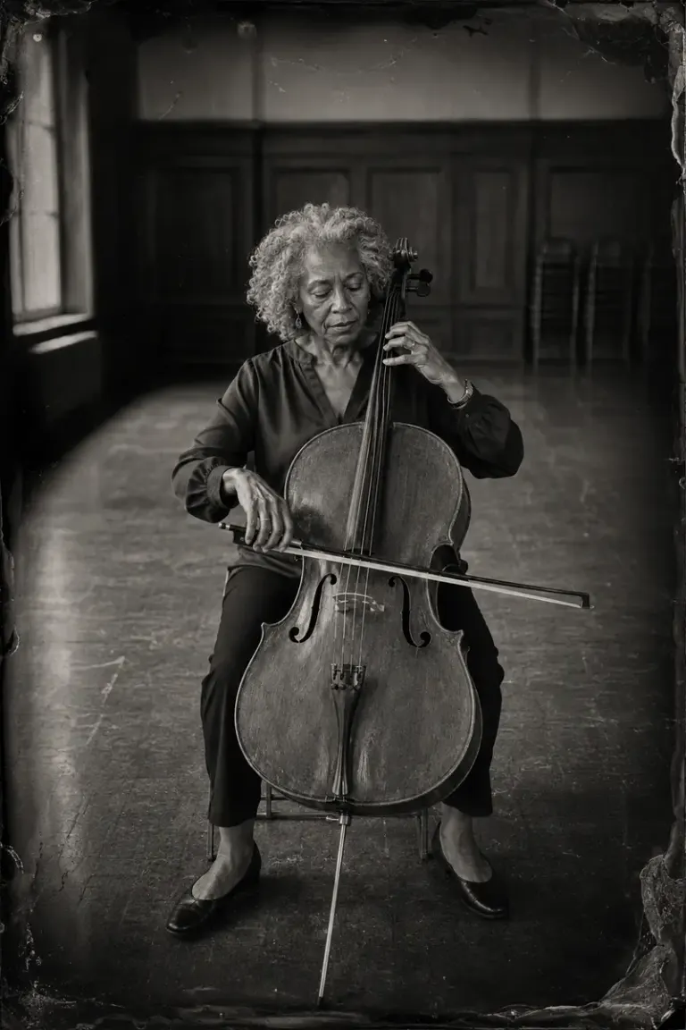 Cellist in an empty rehearsal room in the Silver Fog style