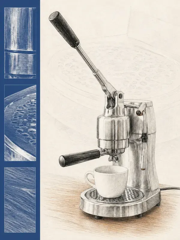 Manual lever espresso machine and cup in the Specimen Rail style