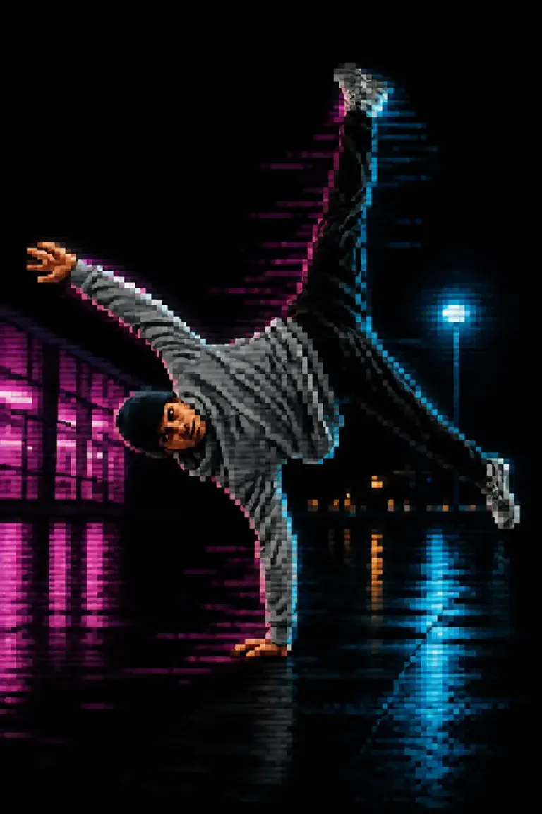 Breakdancer holding a freeze on a rain-lit plaza in the Neon Raster style