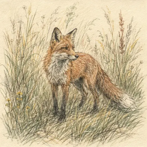 Fox in tall grass in the Field Sketch style
