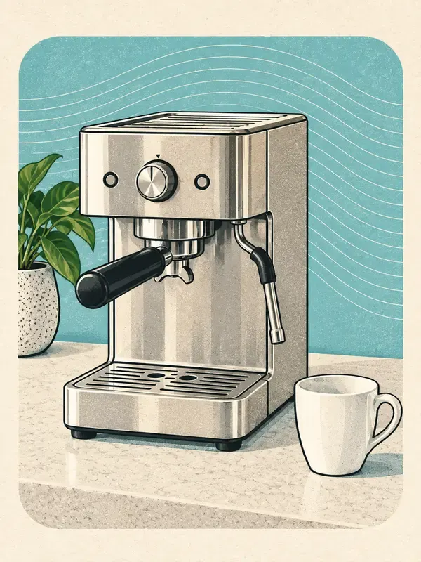 Espresso machine and cup in the Ripple Badge style