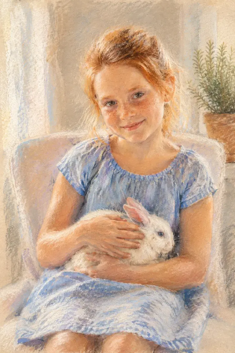 Child holding a white rabbit in the Powdered Light style