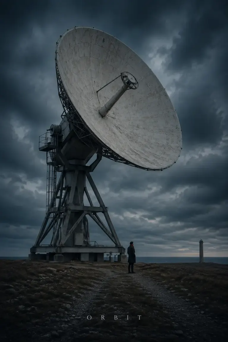 Monumental radio dish in the Monumental Quiet style