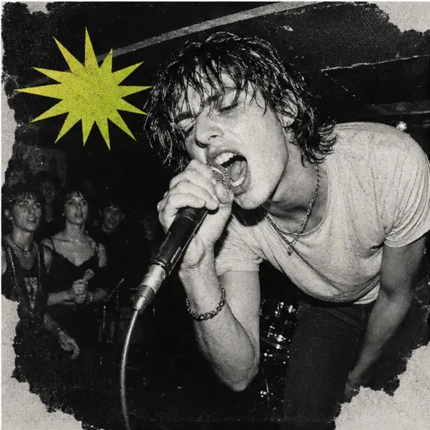 Singer at a microphone in the Flash Zine style
