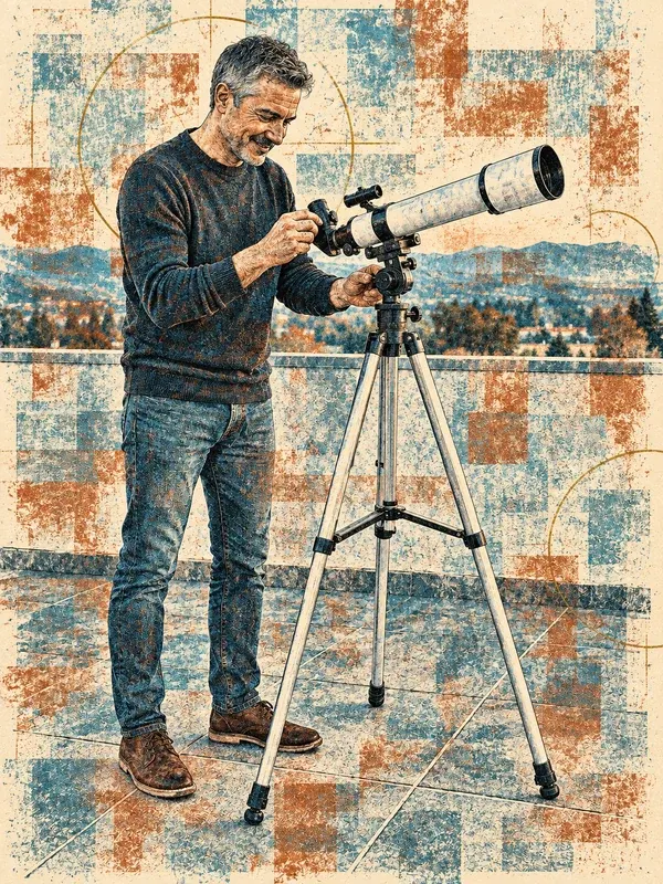 An adult adjusting a telescope on a rooftop in the Etched Palimpsest style