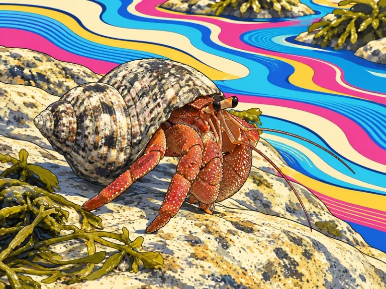Hermit crab on a wet rock in the Liquid Contour style