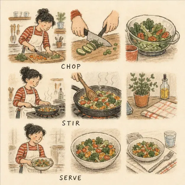 Cook preparing a meal in the Story Grid style