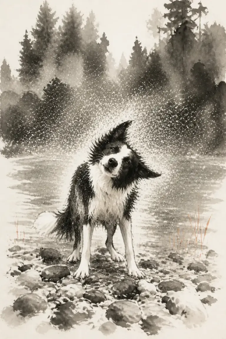 Border collie shaking water beside a river in the Sumi Gesture style