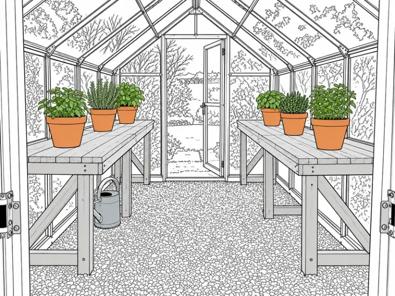 A greenhouse aisle with six planted pots and two timber tables in the White Keyline style
