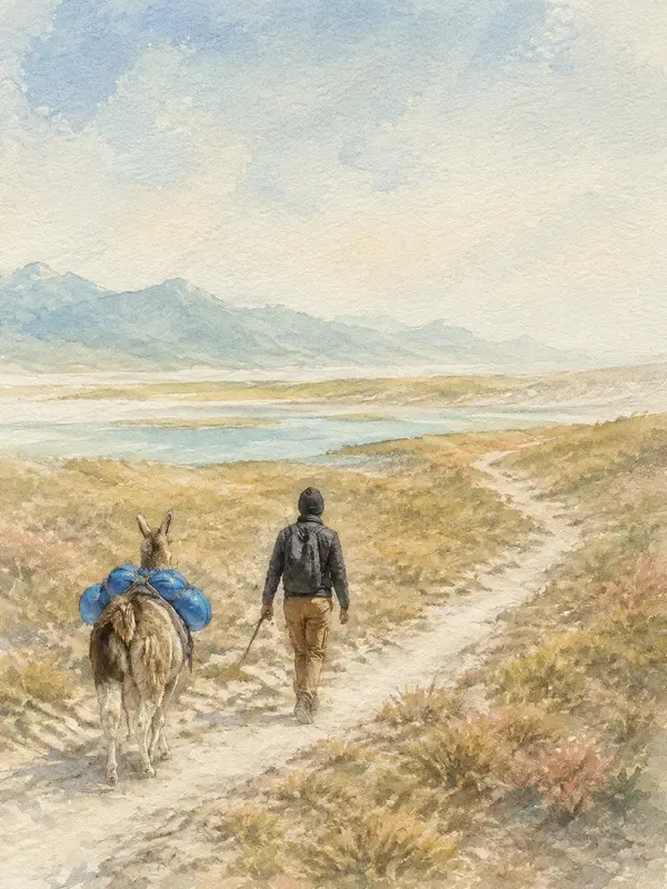 Hiker leading a llama in the Pastel Passage style
