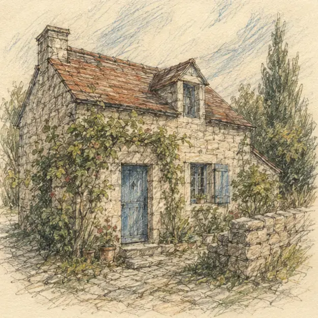 Stone cottage in the Field Sketch style