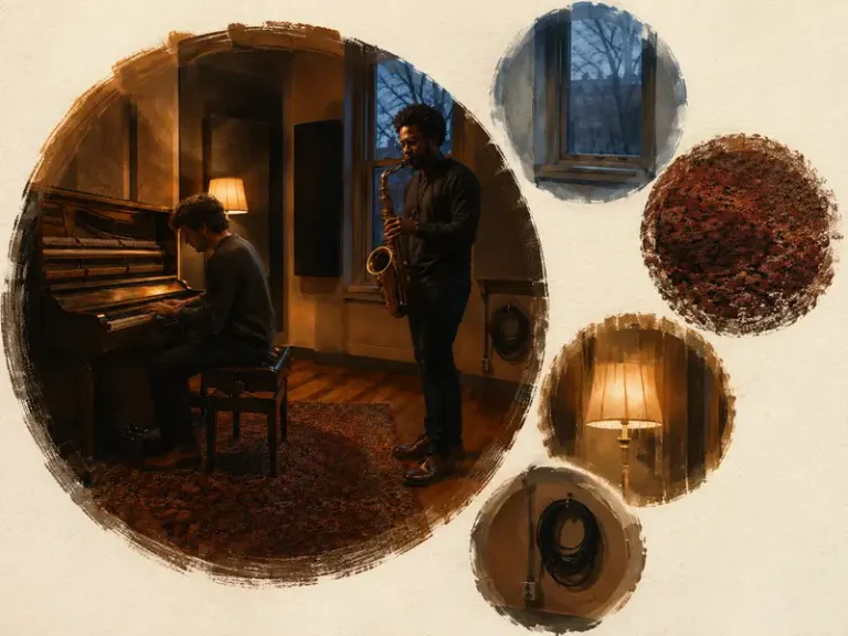 Jazz duo performing in a small studio in the Brush Medallions style