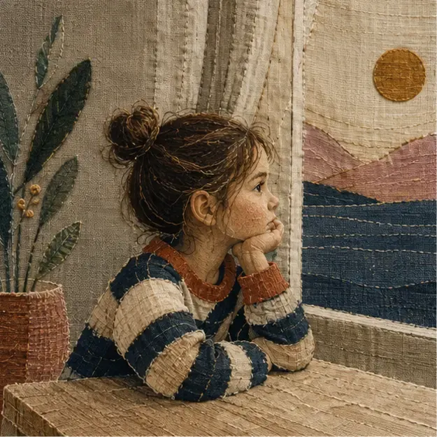 Child in a striped sweater in the Threaded Story style