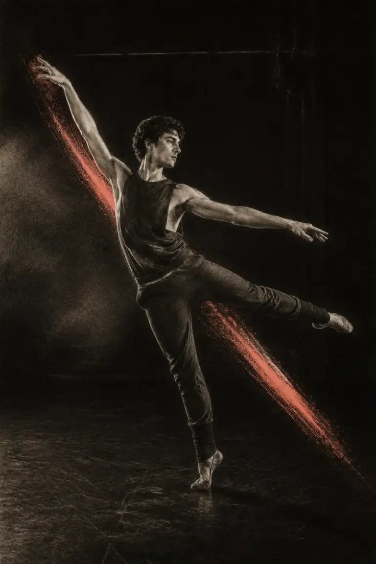 Ballet dancer turning in a dark studio in the Velvet Voltage style