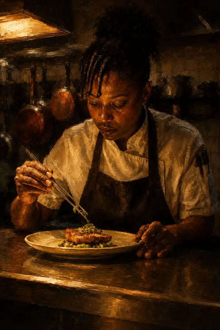 Chef plating an evening dish in the Candlelit Oil style