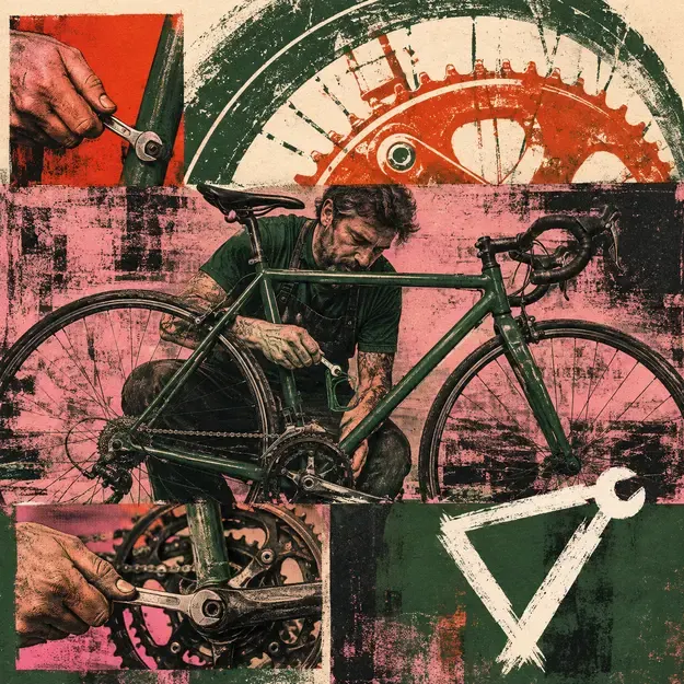 Mechanic repairing a bicycle in the Emblem Print style