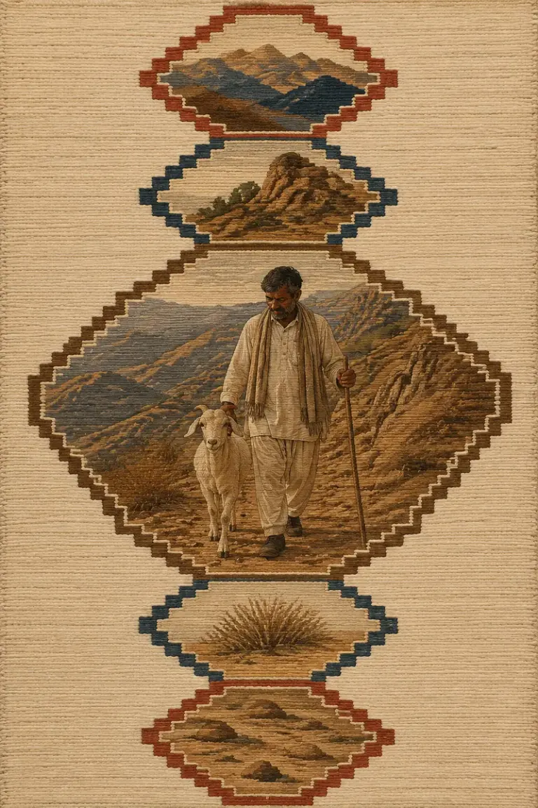 Shepherd walking with a goat on a rocky path in the Kilim Path style