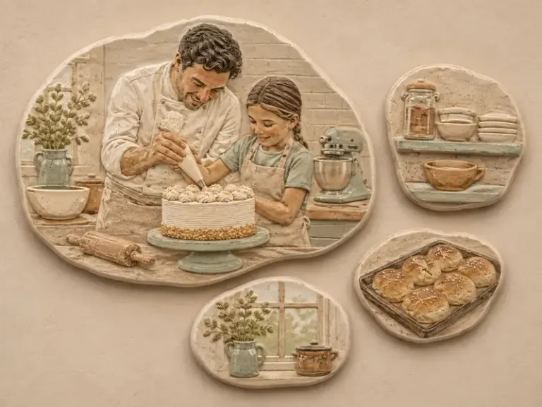 Baker and child decorating a cake in the Clay Cameos style