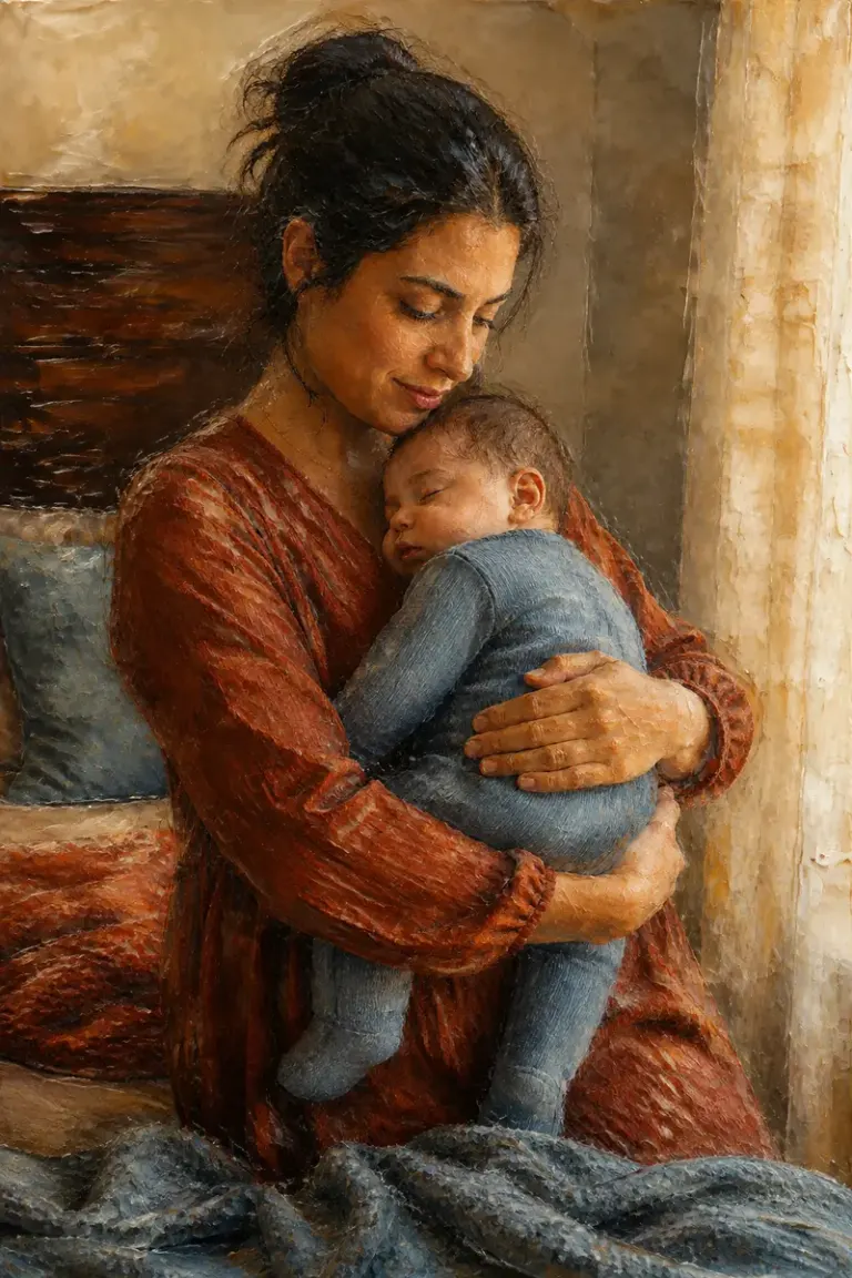 Mother holding her sleeping infant in the Wax & Ember style