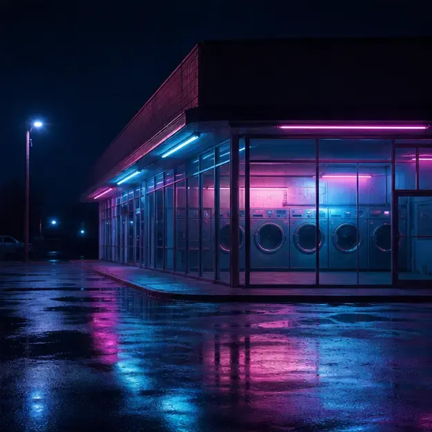 Laundromat after rain in the Midnight Neon style
