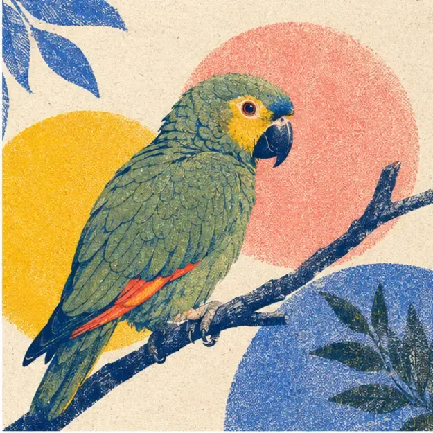 Parrot on a perch in the Riso Day style