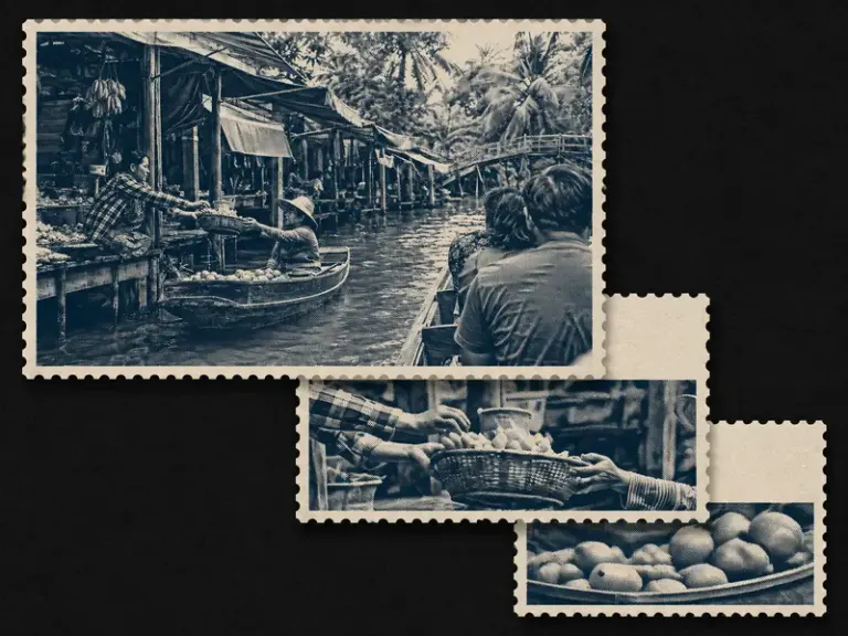 Vendors at a floating market in the Stamp Stair style