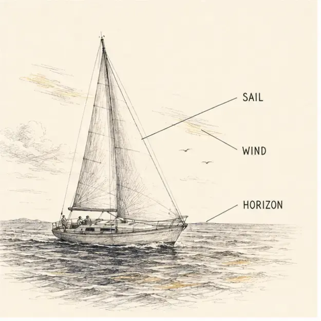Sailboat on open water in the Margin Notes style