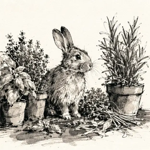 Rabbit among herbs in the Ink Trace style