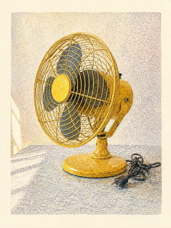 Yellow desktop fan with wire grille in the Seed Screen style