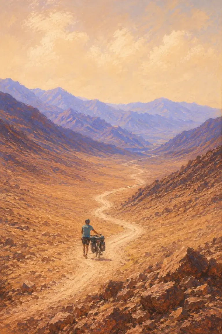 Touring cyclist walking through a volcanic valley in the Apricot Distance style