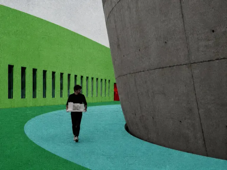 Architect carrying a model in the Pop Topography style