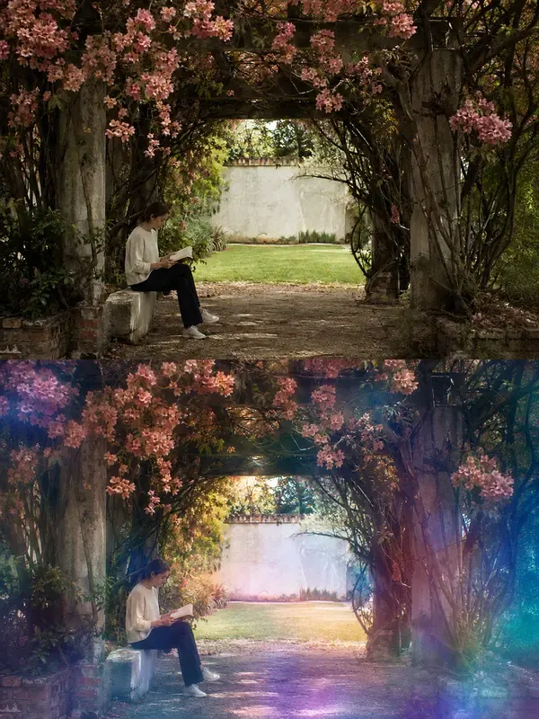 Reader beneath a pergola in the Chromatic Pause style