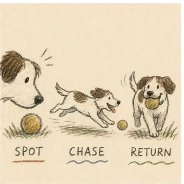 Dog fetching a ball in the Story Marks style
