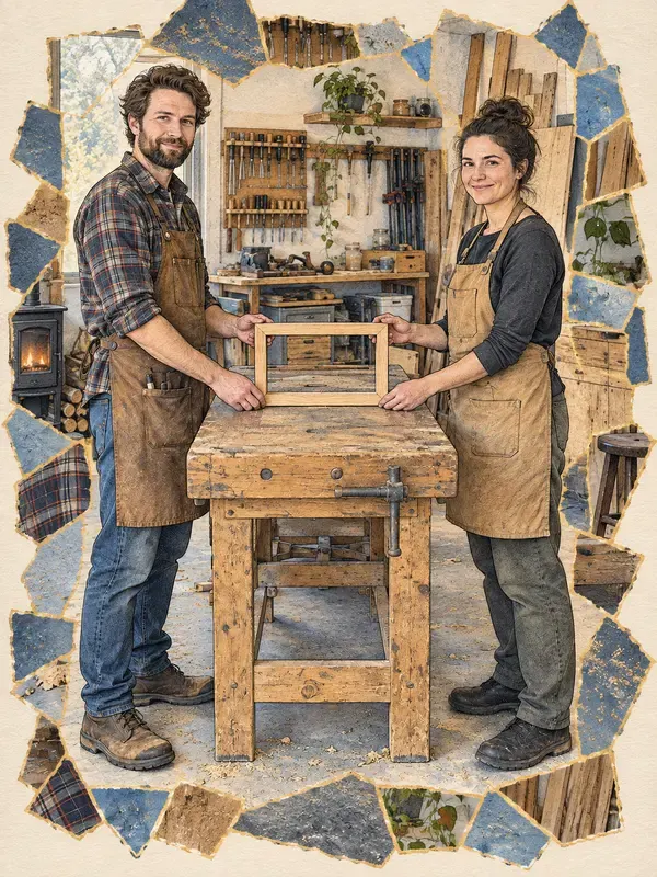 Two woodworkers holding a frame in the Gilt Mosaic style
