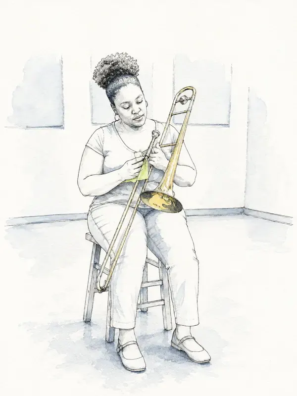Woman polishing a trombone in the Wash Clearance style