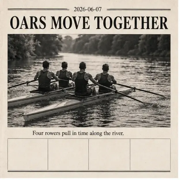 Rowers moving along a river in the Front Page style